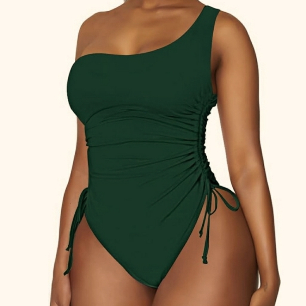 Viottiset One Shoulder Ruched Tummy Control High Cut Army Green Swim Suit SZ XL